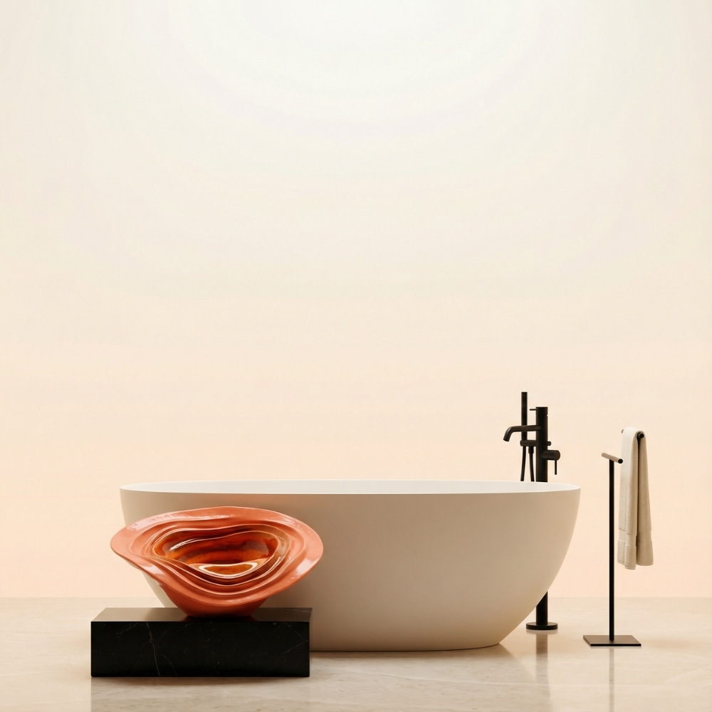 Modern bathroom design featuring a sleek white bathtub, a decorative orange bowl on a black pedestal, and a stylish black faucet with a towel holder. Soft neutral background enhances the contemporary aesthetic.